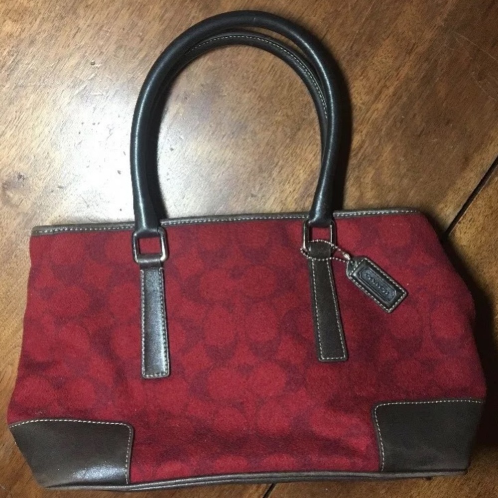 Rare Coach red wool w/ brown leather trim purse